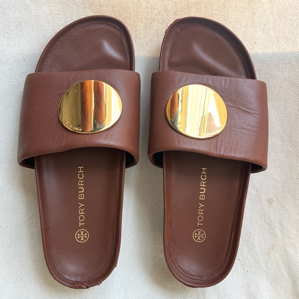 SOLD!
Tory Burch Brown Leather Slide Sandals with Gold Disc Accents